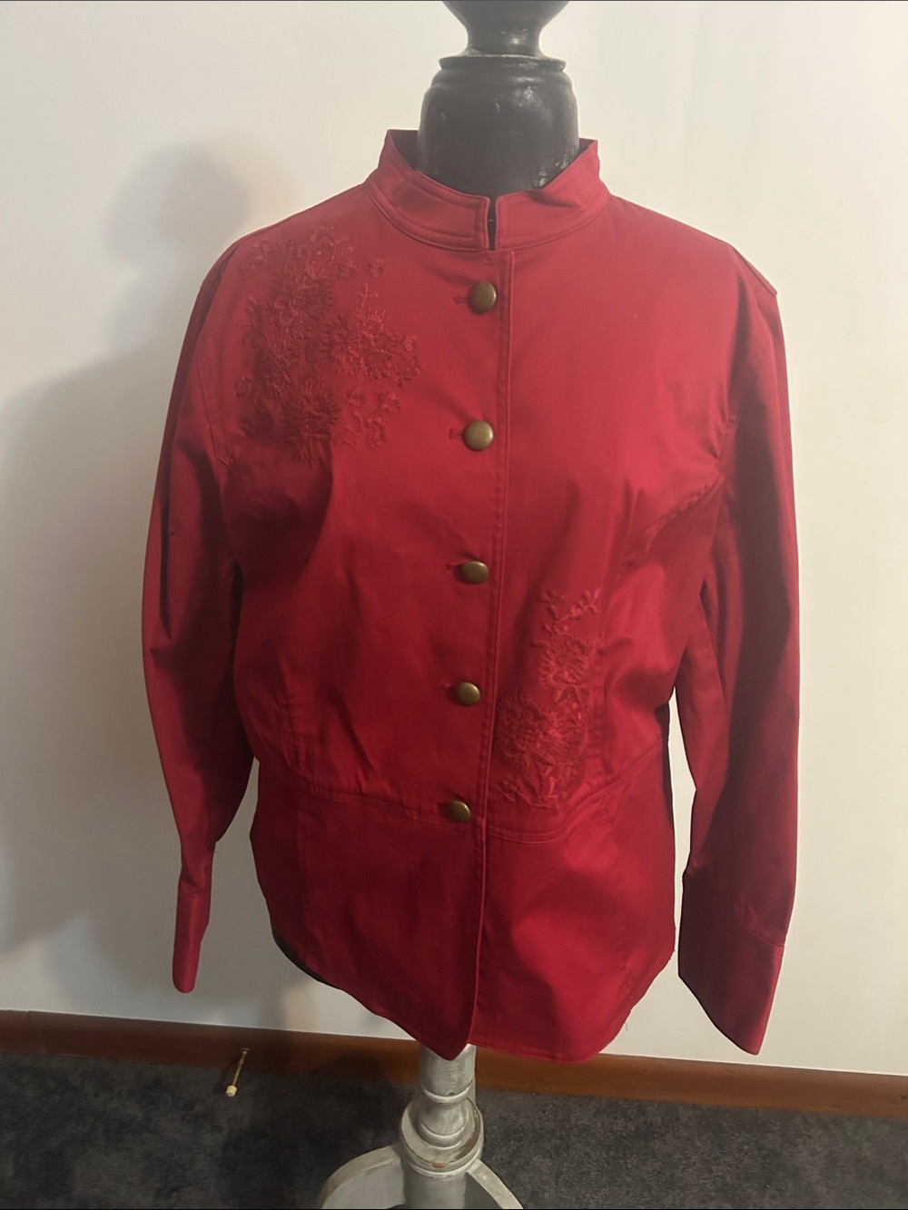 Jones NY Signature Red Women's Button-Front Jacket with Embroidered Detail